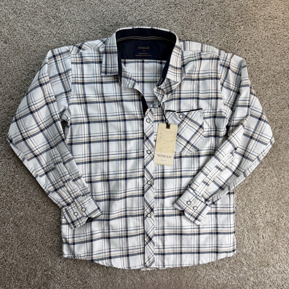 NOMAD Shirt Boys 10-12 White Plaid Long Sleeve Button Up Collared NWT